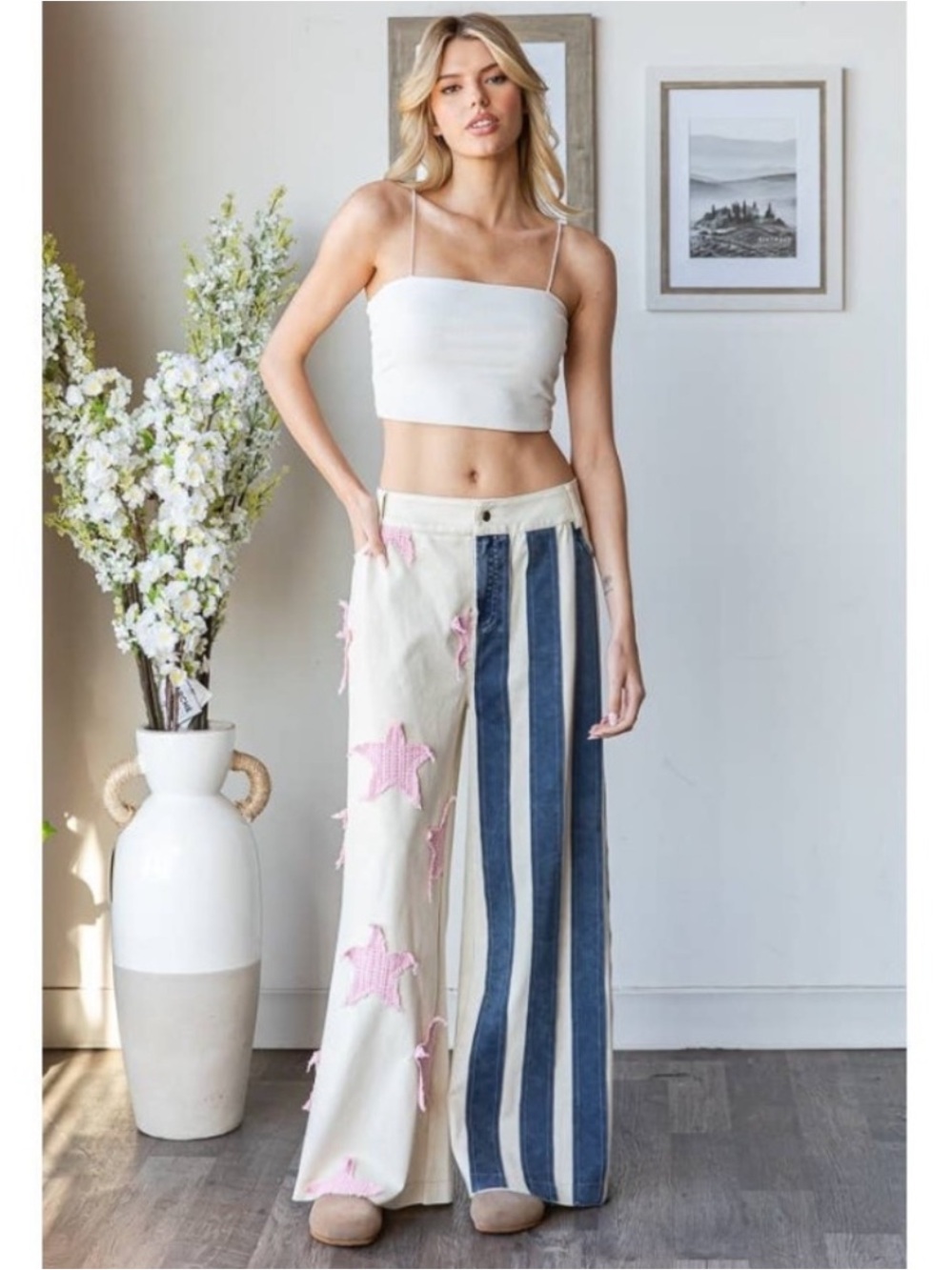 Oli & Hali Navy, Cream & Pink Patchwork Wide-Leg Pants